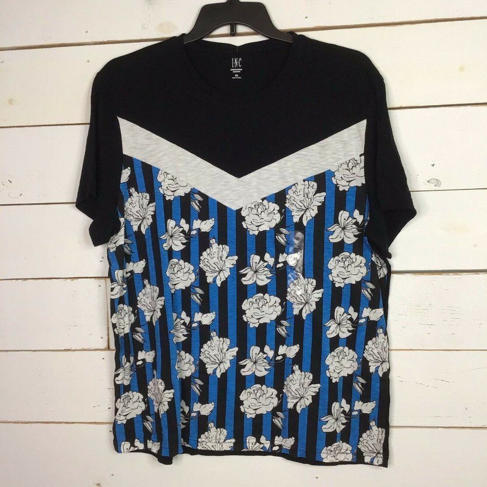 New INC Colorblock Floral TShirt Short Sleeve Black Blue Stripe Men's XL